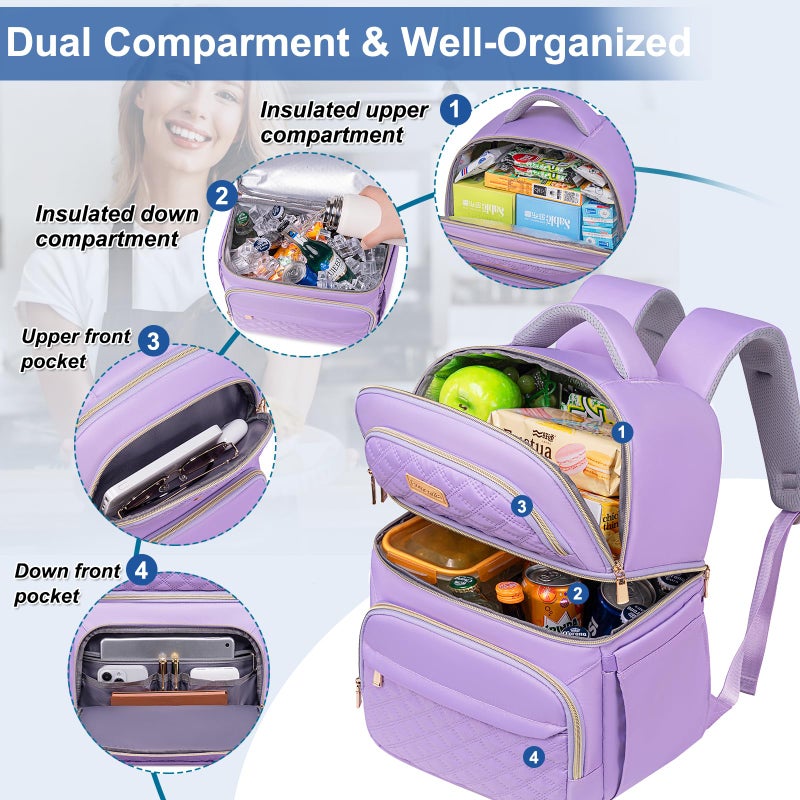 Romenrita Lunch Backpack Insulated Coolers Backpacks - Lunch Bag for Women Double Decker Lunch Box, Leakproof Lunchbag Large Lunchbox Back Pack Lunch Cooler Bag for Picnic Beach Camping Work - Image 3