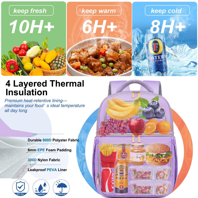 Romenrita Lunch Backpack Insulated Coolers Backpacks - Lunch Bag for Women Double Decker Lunch Box, Leakproof Lunchbag Large Lunchbox Back Pack Lunch Cooler Bag for Picnic Beach Camping Work - Image 5
