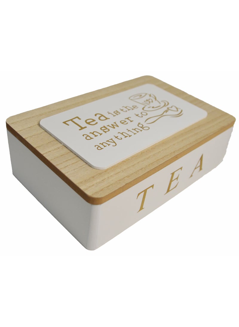 6-Compartment Wooden Tea Box - 24x16x6.5 cm, with Painted Text "Tea is the Answer to Anything" and Cup in Saucer Design  - Image 1