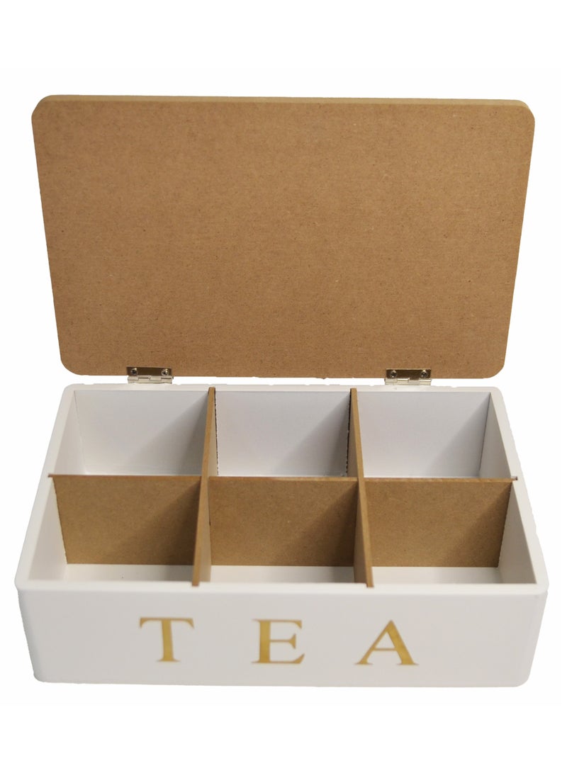 6-Compartment Wooden Tea Box - 24x16x6.5 cm, with Painted Text "Tea is the Answer to Anything" and Cup in Saucer Design  - Image 2