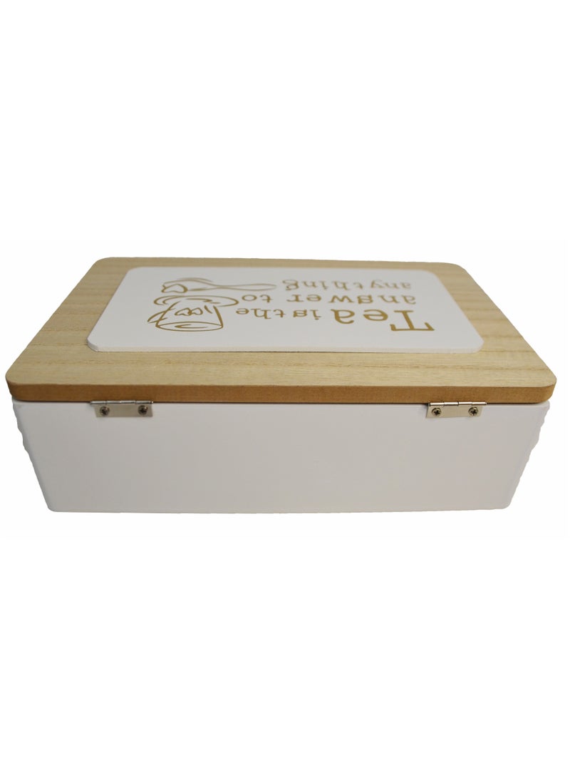 6-Compartment Wooden Tea Box - 24x16x6.5 cm, with Painted Text "Tea is the Answer to Anything" and Cup in Saucer Design  - Image 4