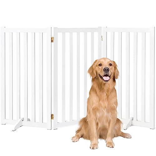 36 Height Extra Tall Freestanding Pet Gate Solid Wood Folding Safety Fence Wooden Dog Gate with 2 PCs Support Feet Ideal for Stairs Doorways Halls Kitchens Heavy Duty Gates 3 Panels White