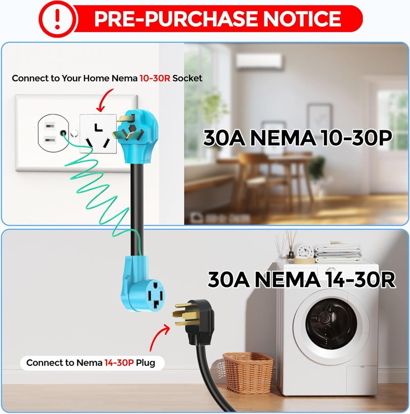 CircleCord Dryer Adapter 4 Prong to 3 Prong, 4P Newer Dryer to 3P Older House, Dryer Convert Cord NEMA 10-30P Plug to 14-30R Receptacle, 220V 30 Amp 10 AWG STW Blue with Safety Ground Wire, ETL Listed - Image 2