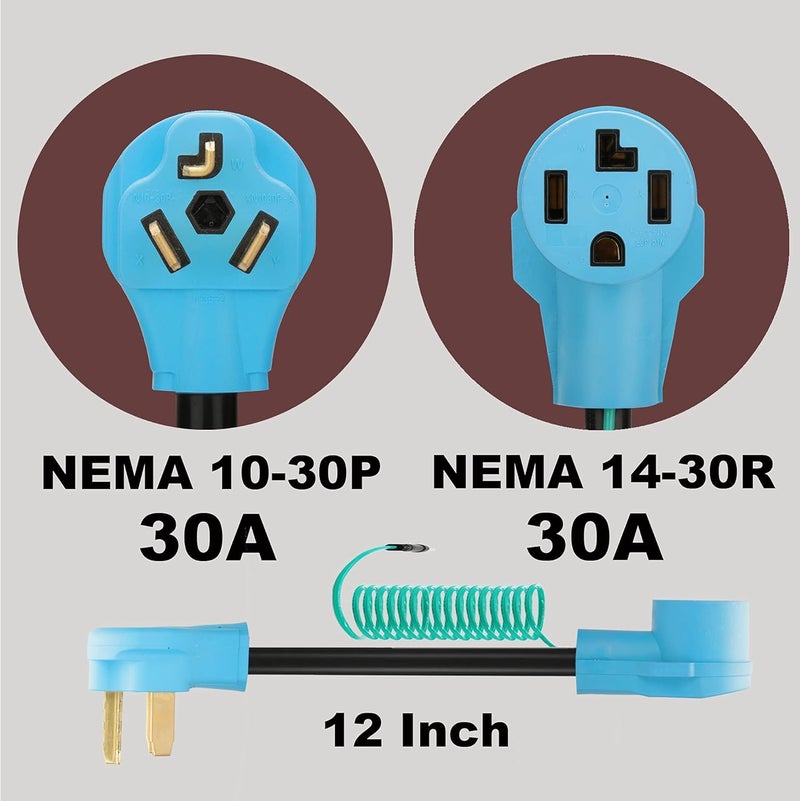 CircleCord Dryer Adapter 4 Prong to 3 Prong, 4P Newer Dryer to 3P Older House, Dryer Convert Cord NEMA 10-30P Plug to 14-30R Receptacle, 220V 30 Amp 10 AWG STW Blue with Safety Ground Wire, ETL Listed - Image 3
