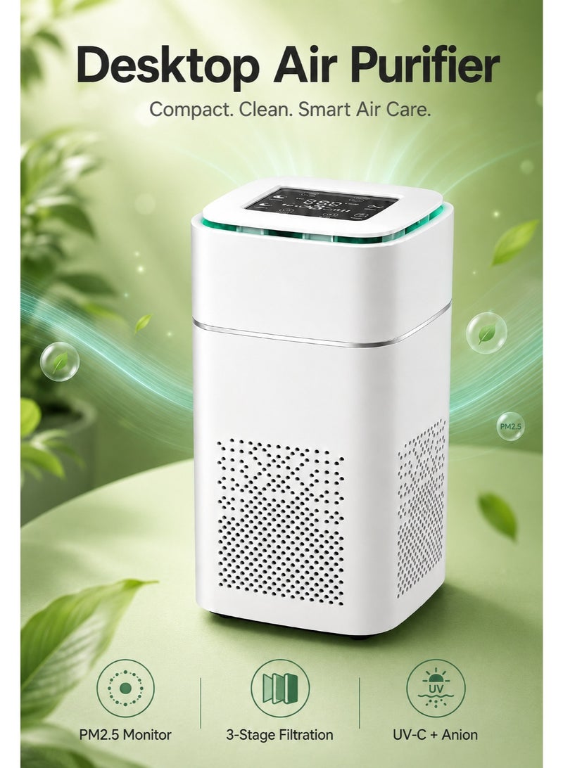 آه آه جهاز تنقية الهواء صغير الحجم مزود بمؤشر PM2.5، وفلتر HEPA ثلاثي المراحل، وضوء UV-C، ووضع الأنيونات، وجهاز تنقية الهواء بتحكم باللمس، مناسب لغرفة النوم والمكتب المنزلي، للتخلص من الغبار والدخان والروائح الكريهة - Image 1