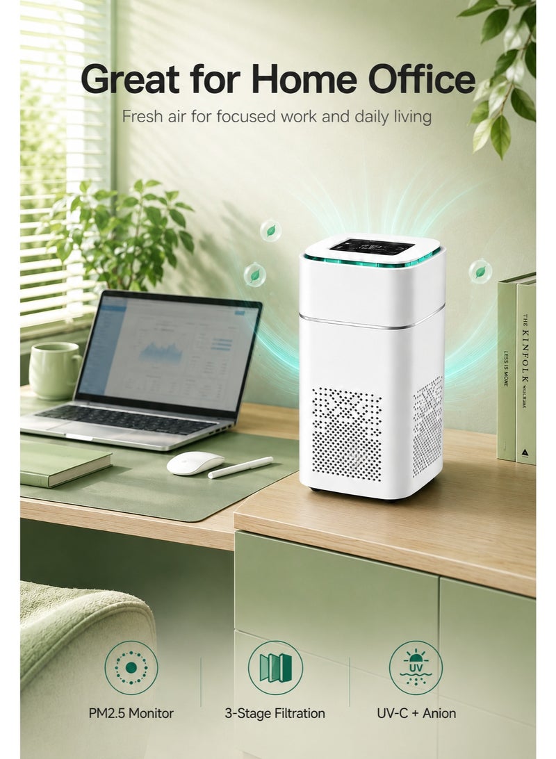 آه آه جهاز تنقية الهواء صغير الحجم مزود بمؤشر PM2.5، وفلتر HEPA ثلاثي المراحل، وضوء UV-C، ووضع الأنيونات، وجهاز تنقية الهواء بتحكم باللمس، مناسب لغرفة النوم والمكتب المنزلي، للتخلص من الغبار والدخان والروائح الكريهة - Image 2