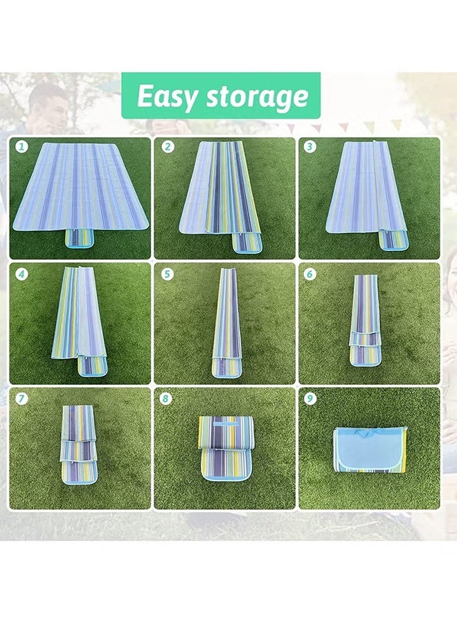 UANIQ Picnic Mat, Large Picnic Blanket Waterproof and Foldable, Sandproof Beach Mat for 4-6 People, Portable Outdoor Camping Mat with Handle 145x180cm, Tear-Resistant Carpet for Family Travel, Blue Stripes - Image 4