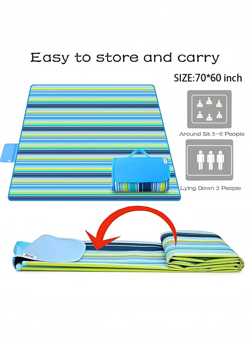 UANIQ Picnic Mat, Large Picnic Blanket Waterproof and Foldable, Sandproof Beach Mat for 4-6 People, Portable Outdoor Camping Mat with Handle 145x180cm, Tear-Resistant Carpet for Family Travel, Blue Stripes - Image 2
