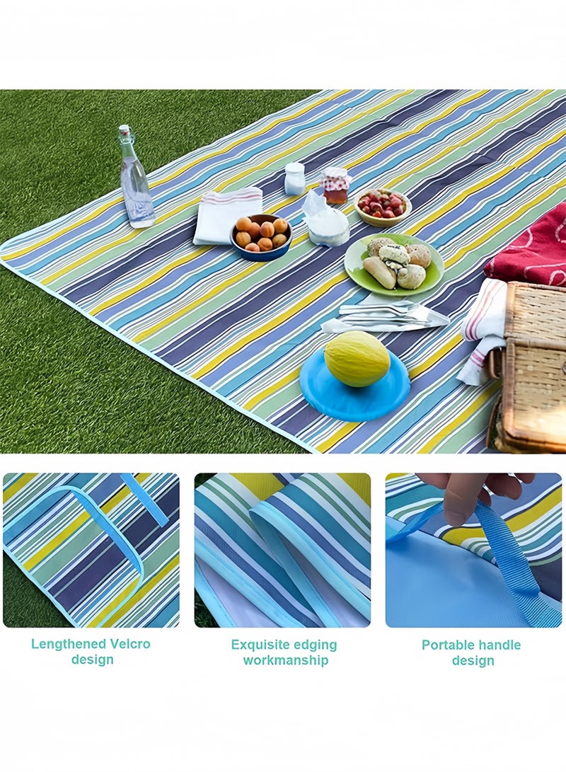 UANIQ Picnic Mat, Large Picnic Blanket Waterproof and Foldable, Sandproof Beach Mat for 4-6 People, Portable Outdoor Camping Mat with Handle 145x180cm, Tear-Resistant Carpet for Family Travel, Blue Stripes - Image 3