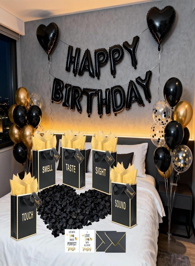 Nimbbex 5 Senses Gift Bags for Him Her with Labels Birthday Decorations, Gold Foil Sight Smell Touch Taste Sound Gift Bags with Handle Tissue Paper Ballon Rose Petals Party Decor 9 x 7 x 3.2 Inches (Black Gold - Image 4