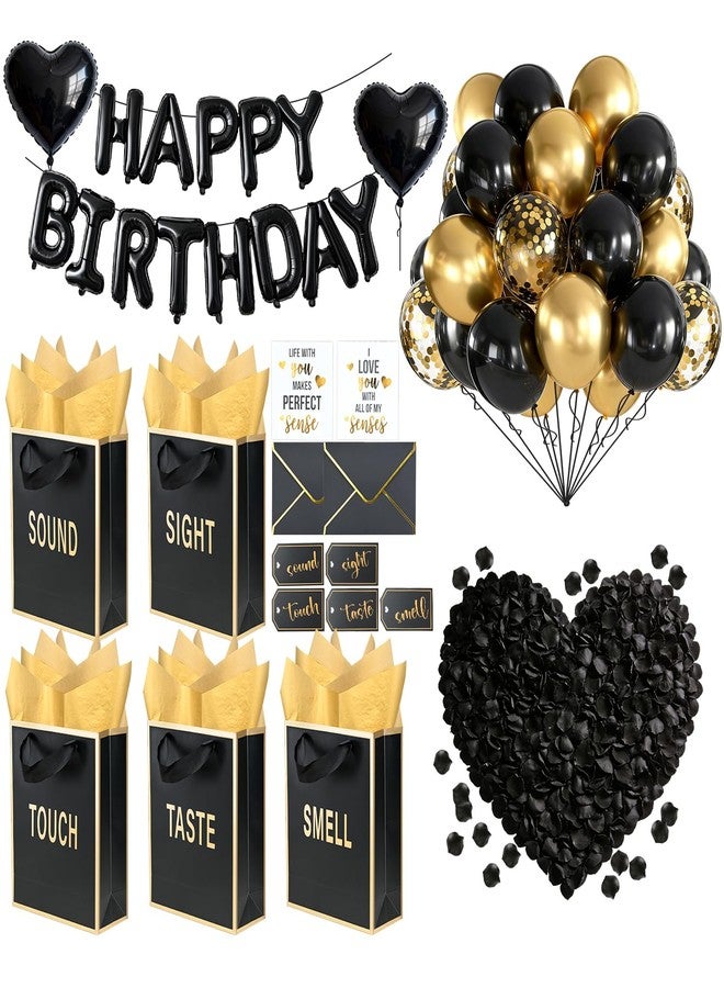 Nimbbex 5 Senses Gift Bags for Him Her with Labels Birthday Decorations, Gold Foil Sight Smell Touch Taste Sound Gift Bags with Handle Tissue Paper Ballon Rose Petals Party Decor 9 x 7 x 3.2 Inches (Black Gold - Image 1