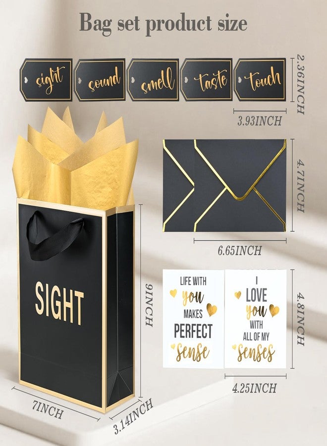 Nimbbex 5 Senses Gift Bags for Him Her with Labels Birthday Decorations, Gold Foil Sight Smell Touch Taste Sound Gift Bags with Handle Tissue Paper Ballon Rose Petals Party Decor 9 x 7 x 3.2 Inches (Black Gold - Image 2