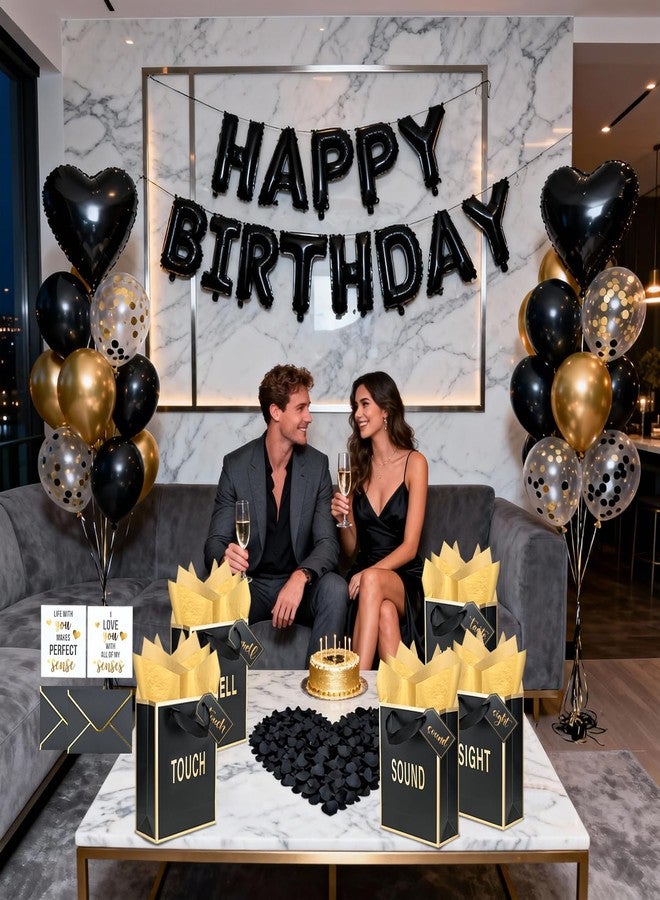 Nimbbex 5 Senses Gift Bags for Him Her with Labels Birthday Decorations, Gold Foil Sight Smell Touch Taste Sound Gift Bags with Handle Tissue Paper Ballon Rose Petals Party Decor 9 x 7 x 3.2 Inches (Black Gold - Image 5