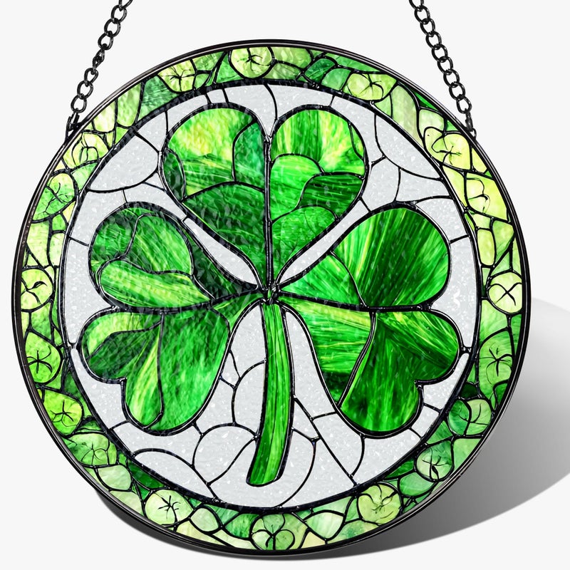 DUJITODOH Stained Glass Window Hanging, 8 Inch Shamrock Stained Glass Suncatcher, Sun Catcher Decor, Window Hanging Decor, St. Patrick's Day Decoration, Shamrock Gifts, Irish Gift, Gifts for Women Men - Image 1