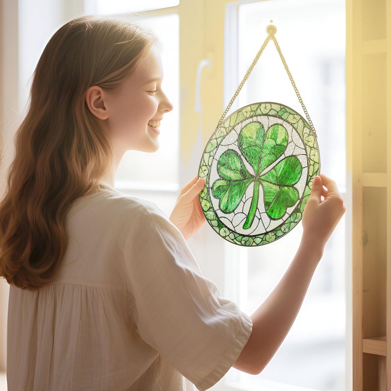 DUJITODOH Stained Glass Window Hanging, 8 Inch Shamrock Stained Glass Suncatcher, Sun Catcher Decor, Window Hanging Decor, St. Patrick's Day Decoration, Shamrock Gifts, Irish Gift, Gifts for Women Men - Image 3