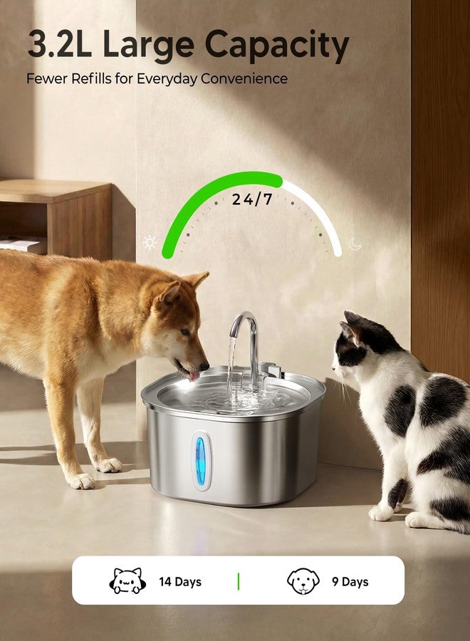 PEKTACO Stainless Steel Cat Water Fountain, 3.2L/108oz Cat Water Dispenser with Quiet Water Pump and Water-Level Window, Dishwasher Safe Pet Drinking Fountain for Cats with 6 Filters + 6 Sponges - Image 3
