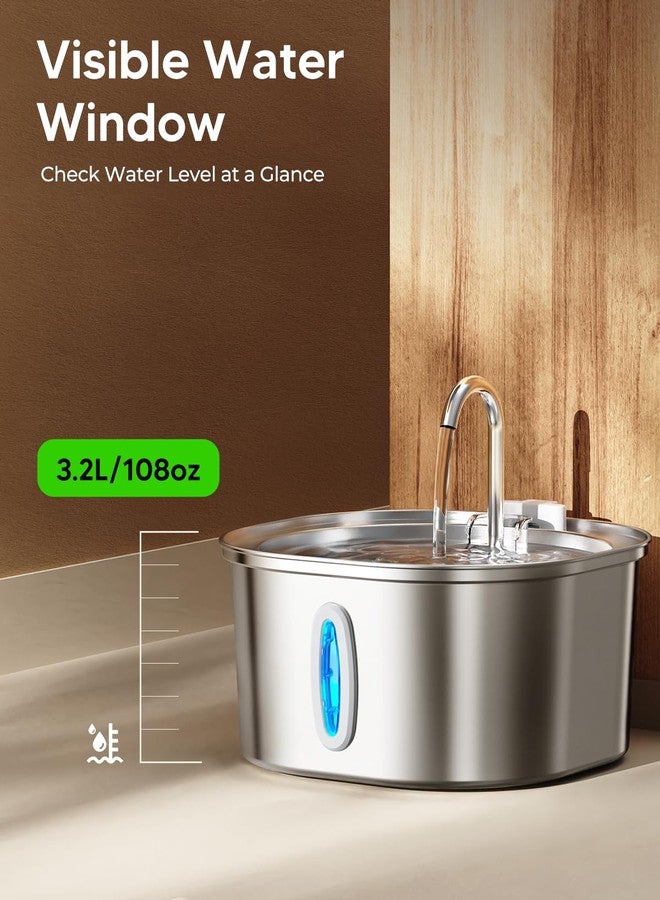 PEKTACO Stainless Steel Cat Water Fountain, 3.2L/108oz Cat Water Dispenser with Quiet Water Pump and Water-Level Window, Dishwasher Safe Pet Drinking Fountain for Cats with 6 Filters + 6 Sponges - Image 4