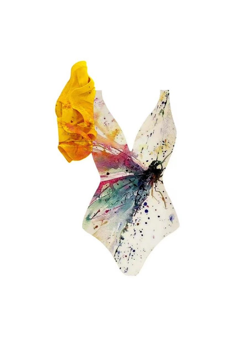 Y&D 2-Piece Women Single Shoulder Lotus Leaf Edge Printed Swimsuit With Skirt Holiday Beach Dress Female Retro Swimwear Vintage Surf Wear Summer  - Image 2
