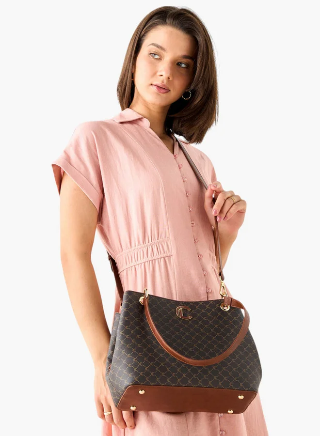 لو كونفورت Women Monogram Print Tote Bag with Detachable Strap and Zip Closure