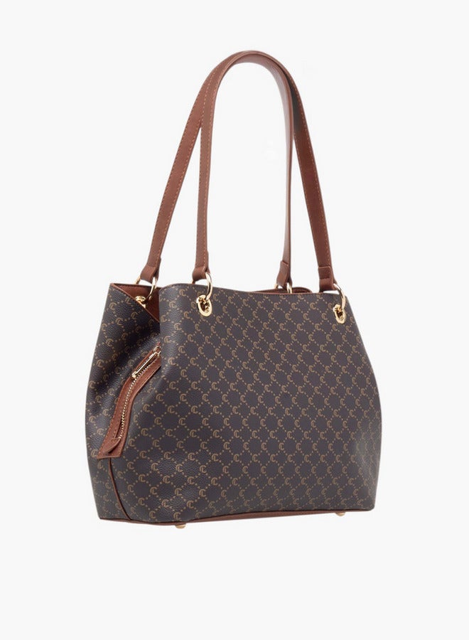 لو كونفورت حقيبة يد نسائية بطبعة شعار مع حزام قابل للفصل وإغلاق بسحاب - Image 4