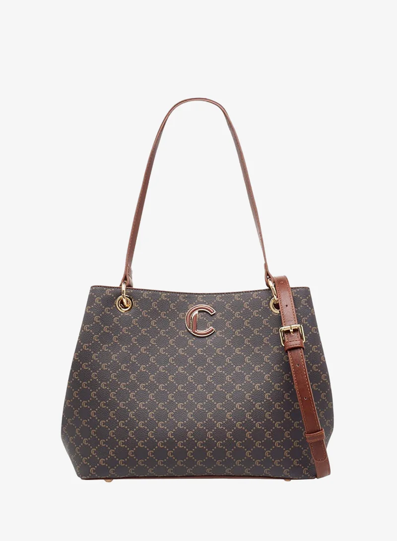 Le Confort Women Monogram Print Tote Bag with Detachable Strap and Zip Closure