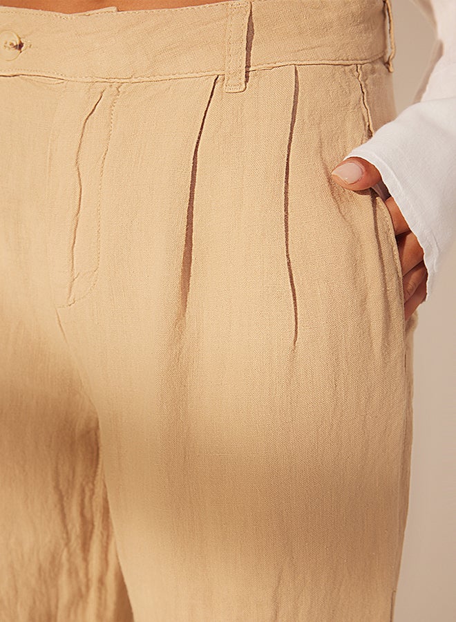 trendyol Beige 100% Linen Pleated High Waist Wide Leg Trousers TWOSS24JE00245  - Image 5