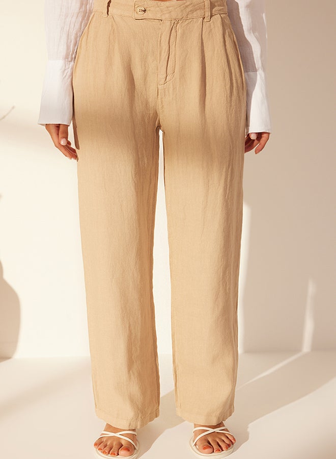 trendyol Beige 100% Linen Pleated High Waist Wide Leg Trousers TWOSS24JE00245  - Image 4