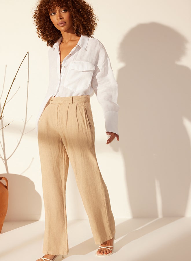 trendyol Beige 100% Linen Pleated High Waist Wide Leg Trousers TWOSS24JE00245  - Image 3