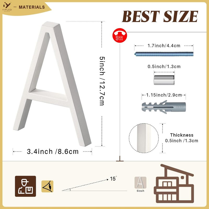 YIPLED 5 Inch House Numbers for Outside, Metal Address Number A- Modern Design, Weather-Resistant White Crystal Powder Coated Finish, Stain Resistant, No Paint Peeling (White) - Image 3