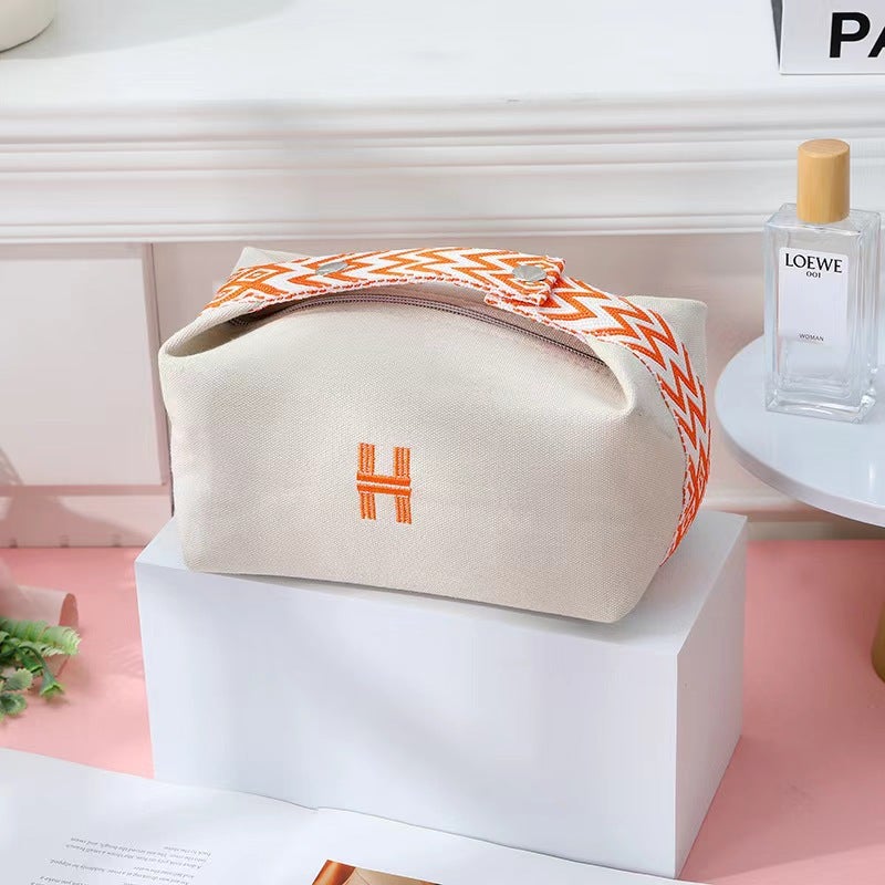 H cosmetic bag canvas portable large capacity wash bag portable lunch box simple cosmetics storage bag manufacturers wholesale Orange