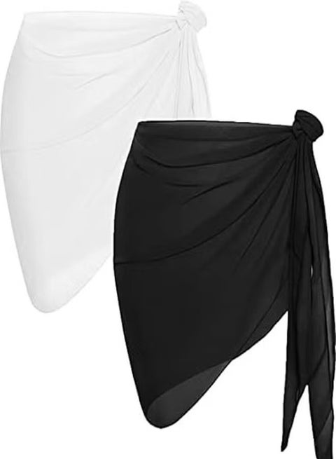2pcs Women Beach Sarong Bathing Suit Wrap Skirt Sheer Bikini Swimsuit Cover Ups Short Skirt Chiffon Scarf for Swimwear Black White