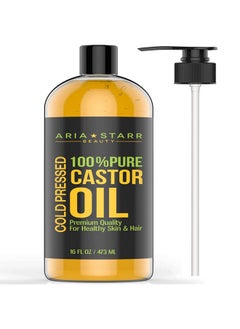 Aria Starr Castor Oil Cold Pressed - 16 FL OZ - 100% Pure Hair Oil For Hair Growth, Face, Skin Moisturizer, Scalp, Thicker Eyebrows And Eyelashes