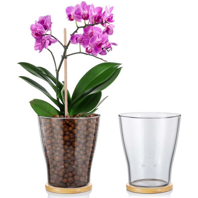 Baderke Glass Orchid Pots with Holes and Bamboo Tray Glass Pot Water Level Control Semi Hydroponic Transparent Root Transparent Indoor Orchid Planter for Home Indoor Outdoor Plant Lovers 512 Inch - Image 2