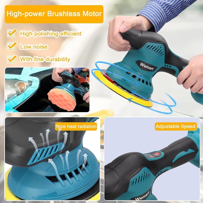 WEMART 21V Cordless Car Polisher, 6 Inch Portable Buffer Polisher With 6 Variable Speed 2Pcs 2.0Ah Battery, Home Diy Waxing Polishing Sponge Pads Kit For Car Polishing, Waxing Sealing Glaze - Image 3