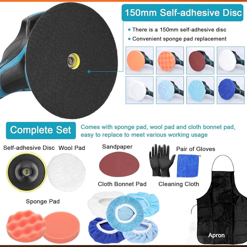 WEMART 21V Cordless Car Polisher, 6 Inch Portable Buffer Polisher With 6 Variable Speed 2Pcs 2.0Ah Battery, Home Diy Waxing Polishing Sponge Pads Kit For Car Polishing, Waxing Sealing Glaze - Image 4