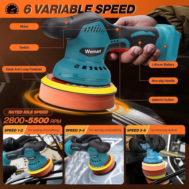 WEMART 21V Cordless Car Polisher, 6 Inch Portable Buffer Polisher With 6 Variable Speed 2Pcs 2.0Ah Battery, Home Diy Waxing Polishing Sponge Pads Kit For Car Polishing, Waxing Sealing Glaze - Image 2