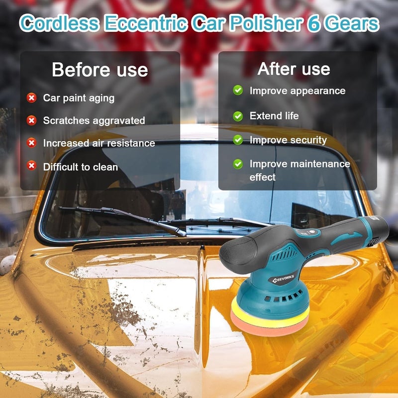 WEMART 21V Cordless Car Polisher, 6 Inch Portable Buffer Polisher With 6 Variable Speed 2Pcs 2.0Ah Battery, Home Diy Waxing Polishing Sponge Pads Kit For Car Polishing, Waxing Sealing Glaze - Image 5