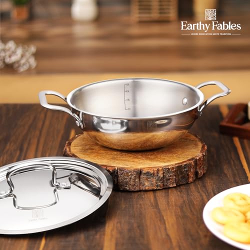 Earthy Fables Triply Stainless Steel Kadai/Kadhai with Steel Lid, 28cm/11 inch, 4.5 LTR, 2.1kg, Food Safe, No Chemical Coating, Easy to Clean, Uses Less Oil & Gas, Stove & Induction Bottom - Image 2