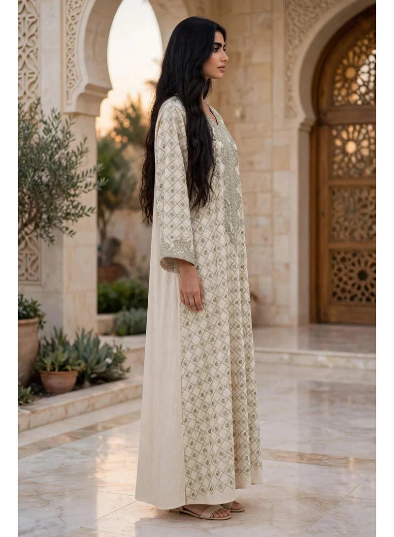 Ikkxa  Geometric Lattice Embroidered V Neck Jalabiya for Women | Best Price UAE