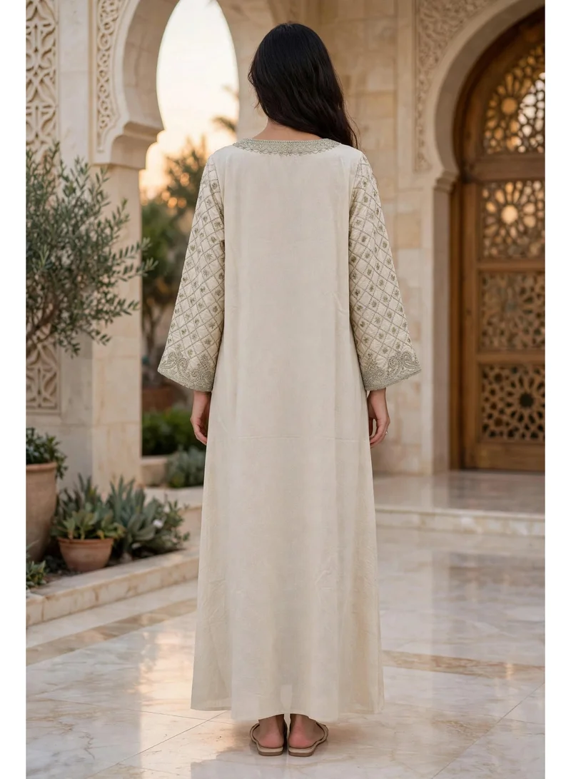 Ikkxa  Geometric Lattice Embroidered V Neck Jalabiya for Women | Best Price UAE