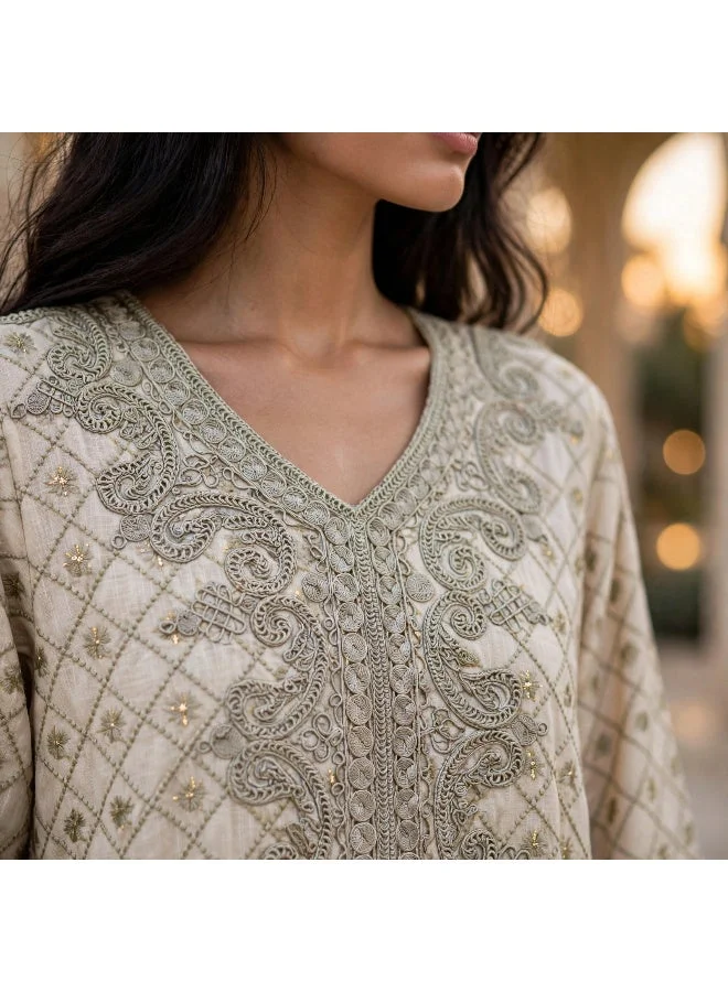 Ikkxa  Geometric Lattice Embroidered V Neck Jalabiya for Women | Best Price UAE