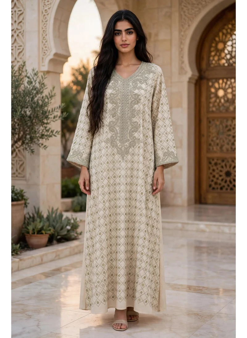 Geometric Lattice Embroidered V Neck Jalabiya