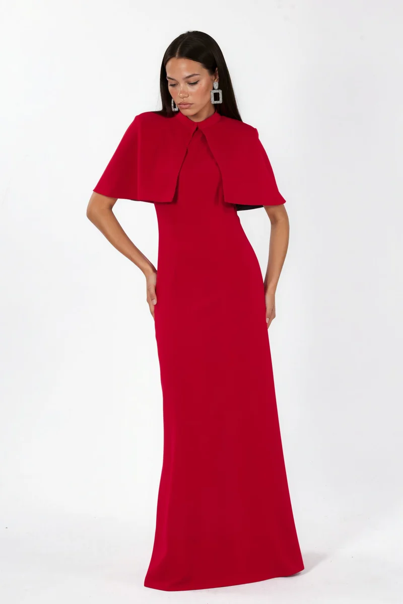 Crew Neck Maxi Dress with Cape Accessory