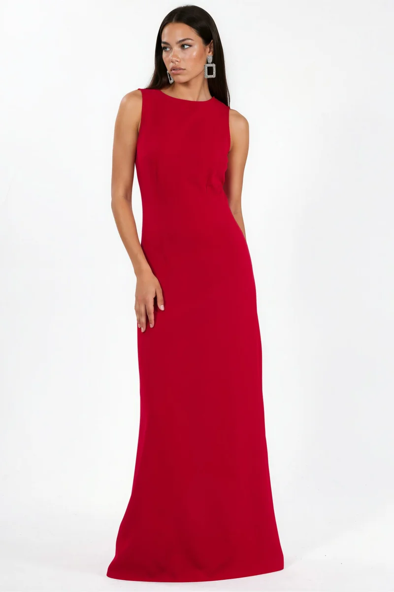 Hiccup Red Crew Neck Maxi Dress with Cape Accessory for Women | Best Price UAE
