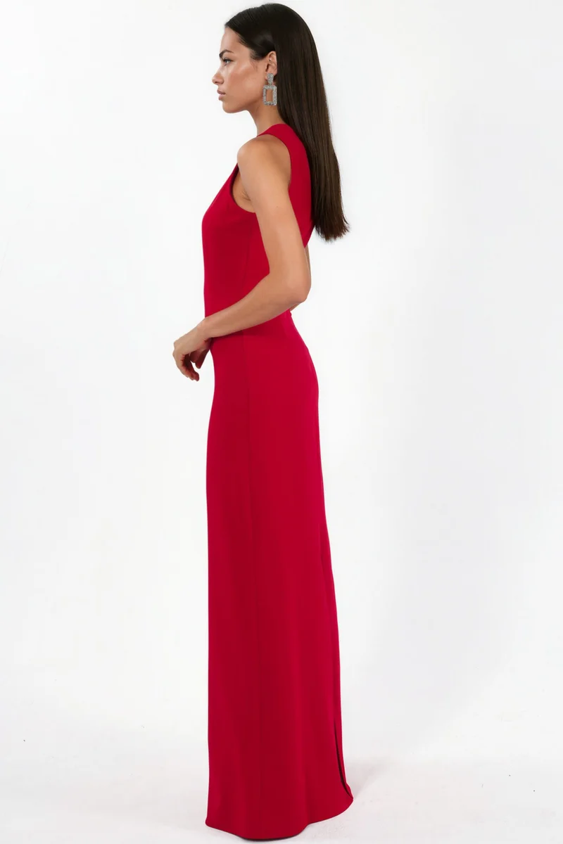 Hiccup Red Crew Neck Maxi Dress with Cape Accessory for Women | Best Price UAE