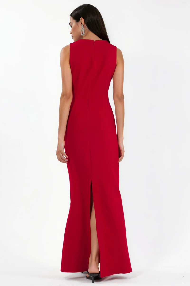 Hiccup Red Crew Neck Maxi Dress with Cape Accessory for Women | Best Price UAE