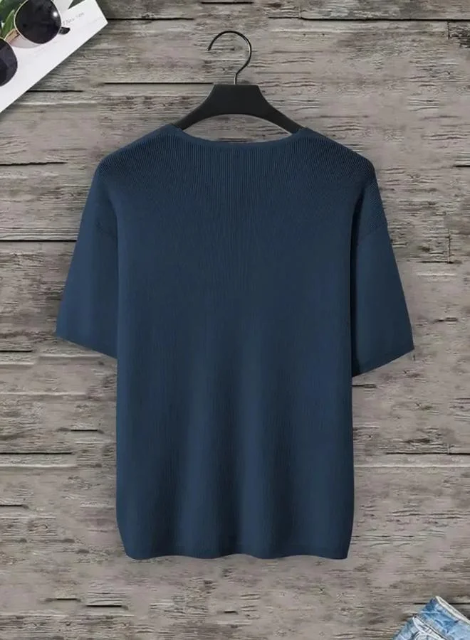 Take Two Men Navy Blue Knitted V-Neck T-Shirt