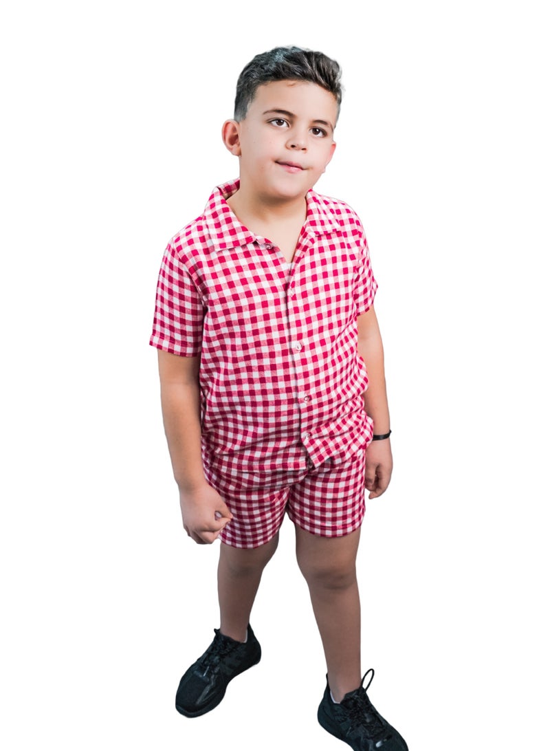 BOEIZ Red and White Checks 2-Piece Co-Ord Set Shirt & Shorts Summer Outfits for Boys FOR 5-6Y - Image 1