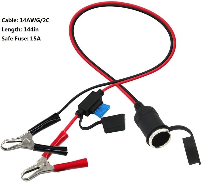 SPARKING 12FT 12V Female Car Socket Extension Cord with Battery Alligator Clips Car Battery Clip-on Extension Cable, 15A Fuse (12FT) - Image 2