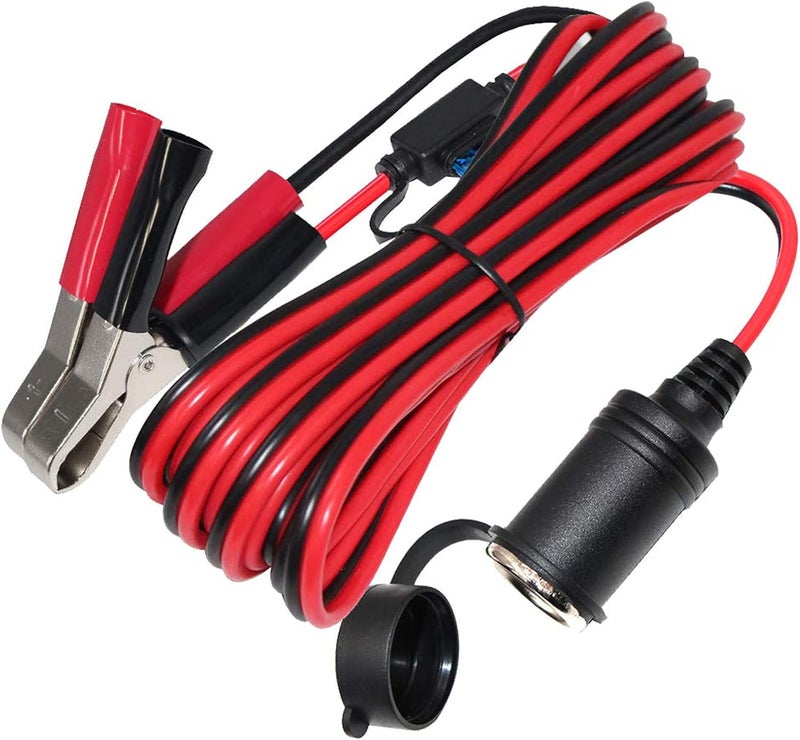 SPARKING 12FT 12V Female Car Socket Extension Cord with Battery Alligator Clips Car Battery Clip-on Extension Cable, 15A Fuse (12FT) - Image 1